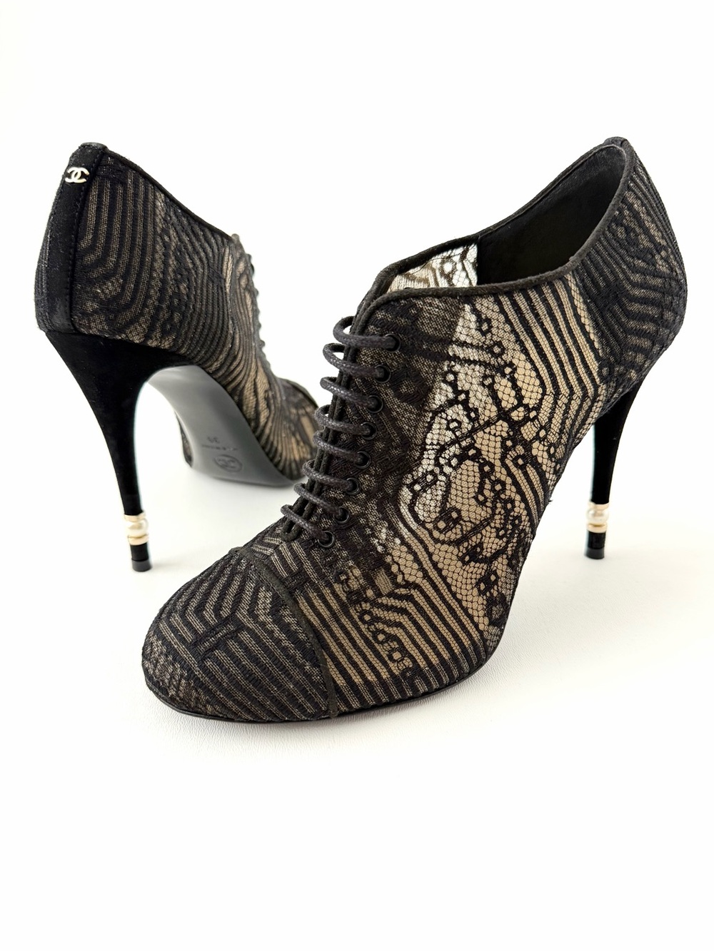 CHANEL | CC Logo Black Lace Up Booties Pearl Stiletto EU 39